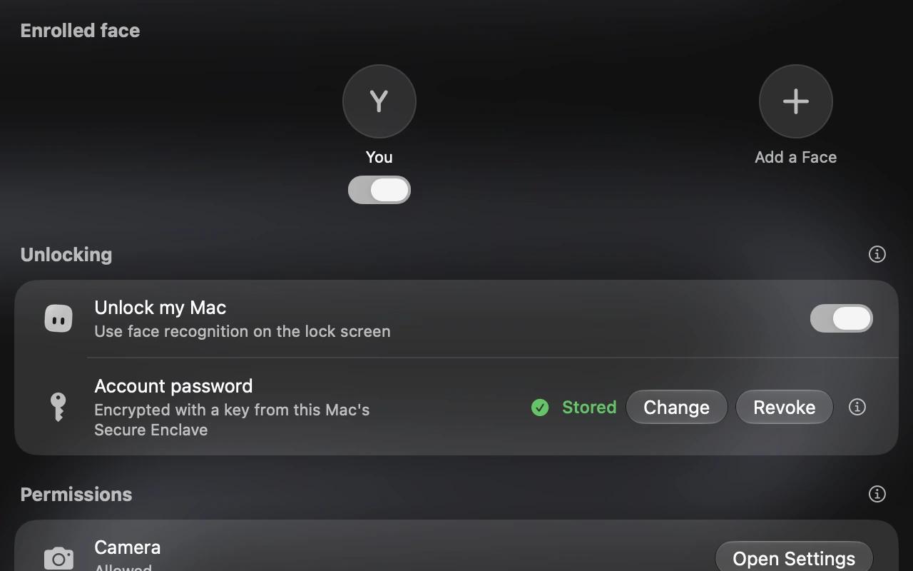 Gaze Unlock settings with automatic unlocking off and permission controls