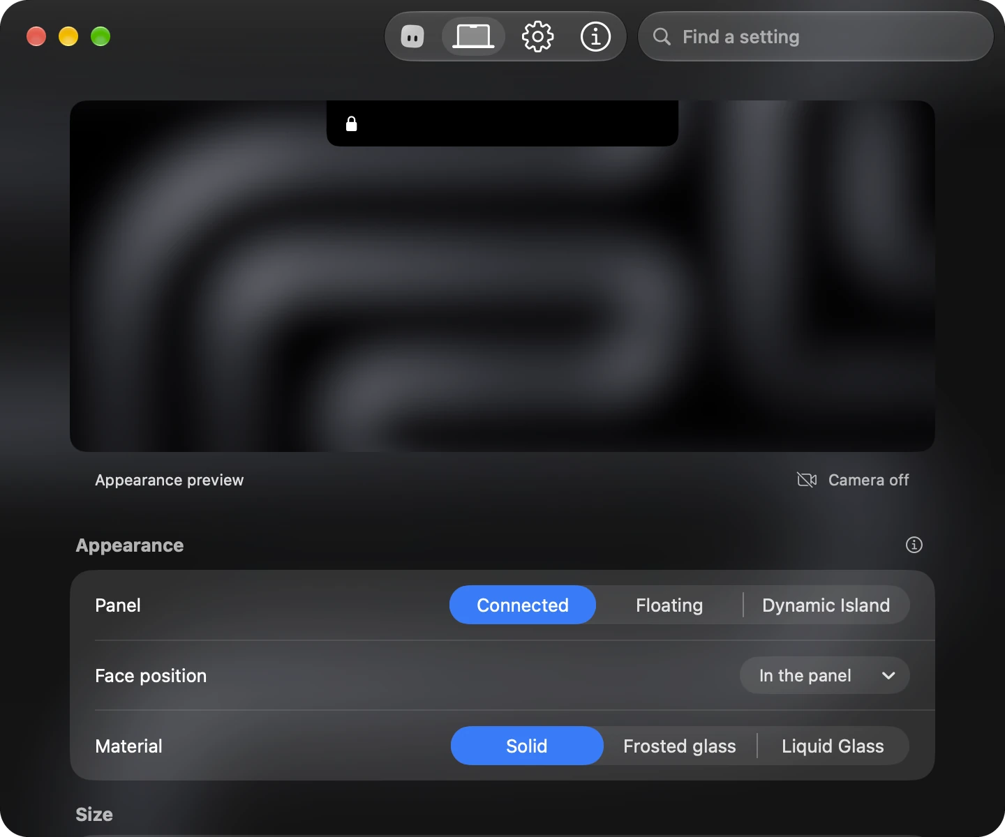 Gaze’s panel Appearance settings: a live preview, Connected, Floating or Dynamic Island, face position, Solid, Frosted glass or Liquid Glass, and transparency.