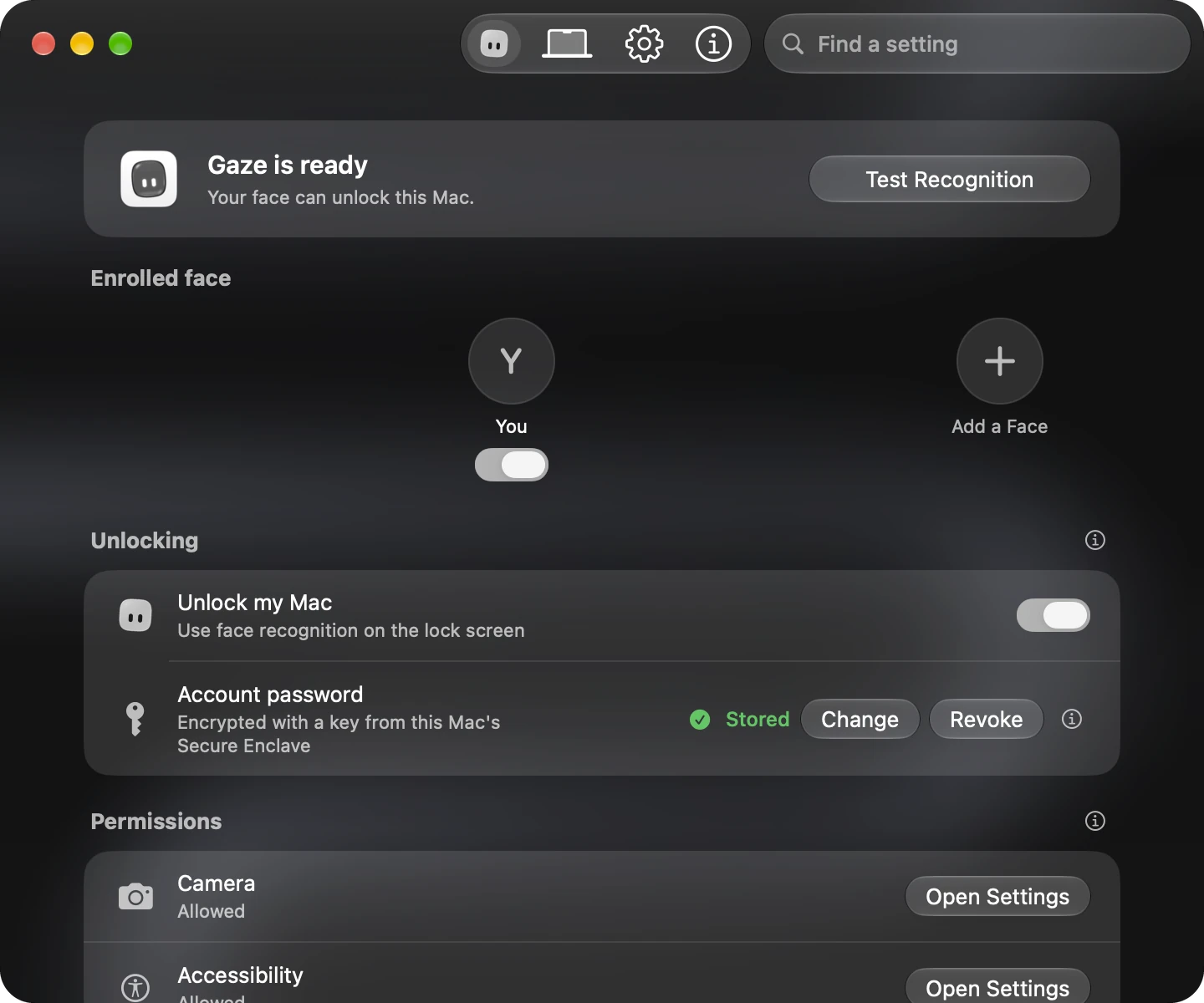 Gaze’s Unlock settings window: Set Up Gaze, Unlock my Mac, camera and Accessibility permissions, and security checks.