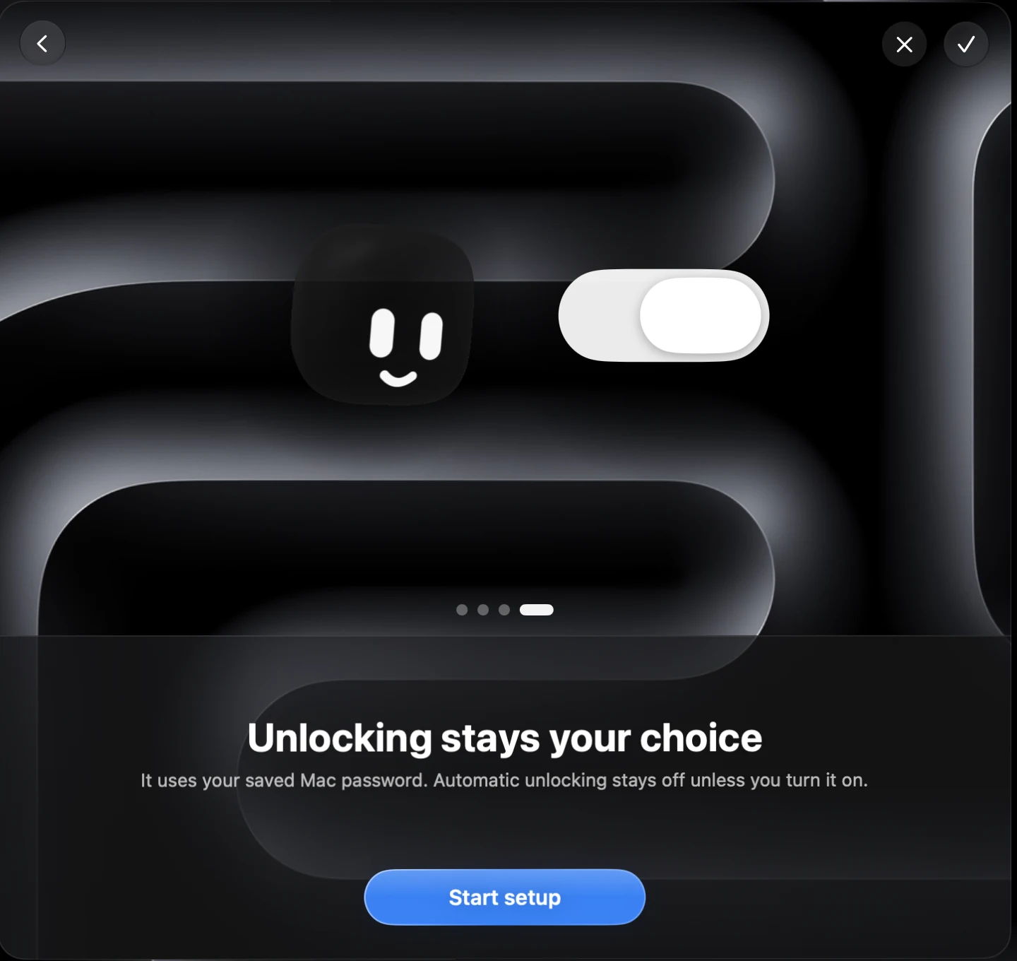 Gaze's tour page Unlocking stays your choice: the smiling companion beside a switch turned on