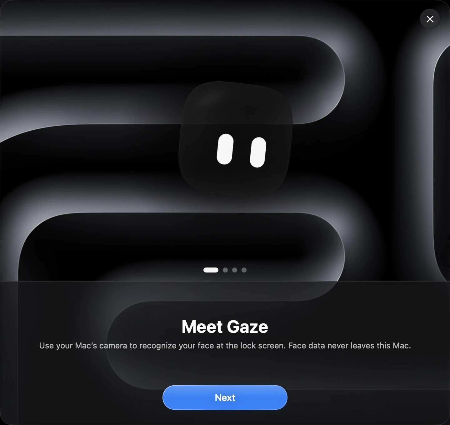 The first page of Gaze's welcome tour: the Gaze companion on the Pro Black wallpaper above the words Meet Gaze